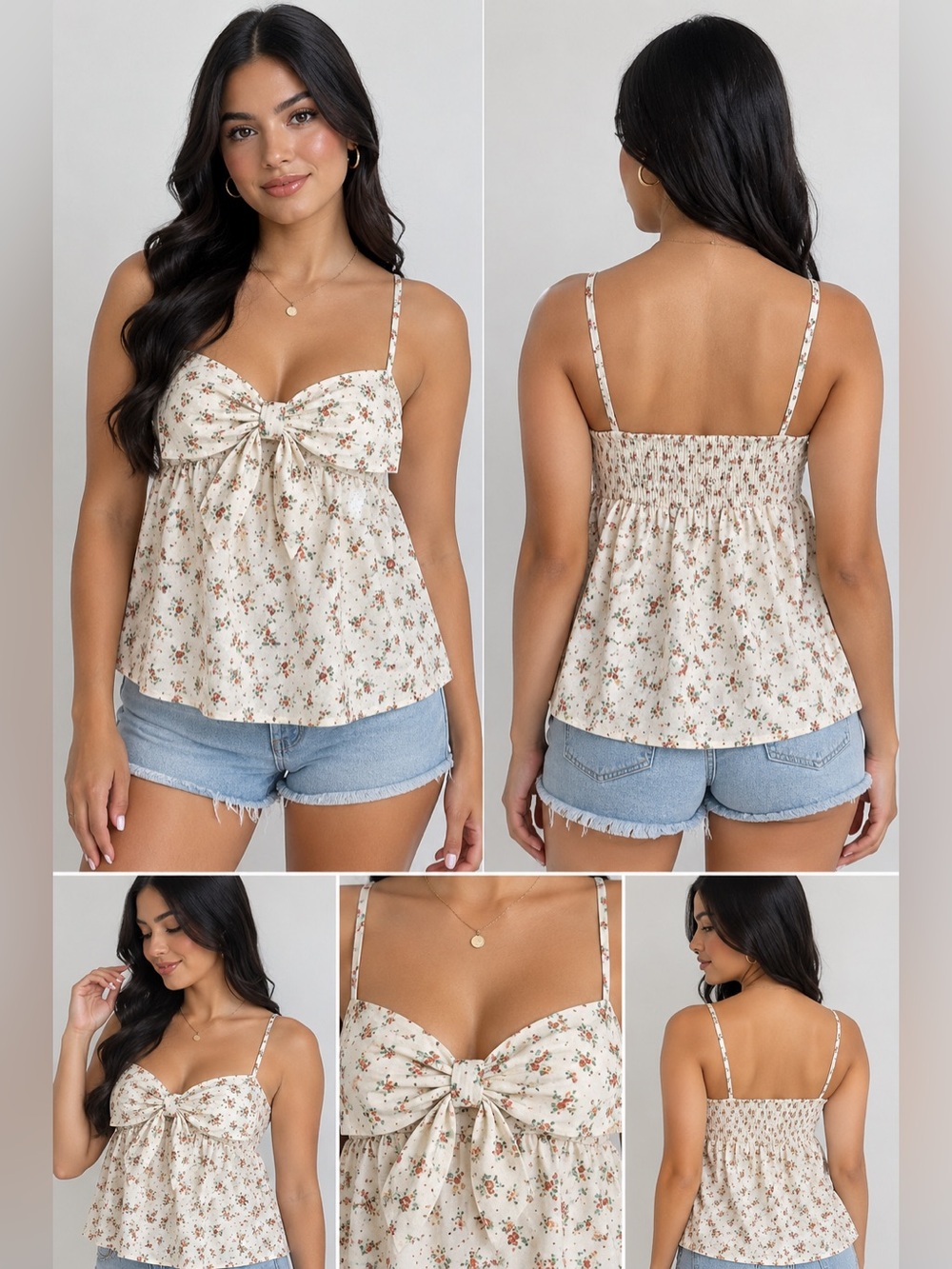Floral Cream Tie-Front Spaghetti Strap Camisole